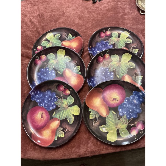 Furio Home Other - Furio Home Indonesia Fruit Motif Dinner Plates Set of 6 Apple Pear Grape Cherry